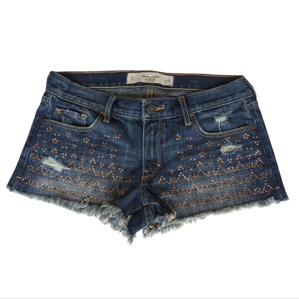 Abercrombie & Fitch Distressed Embellished Frayed Shortie Jean Shorts 0 ( W25) - Picture 1 of 16